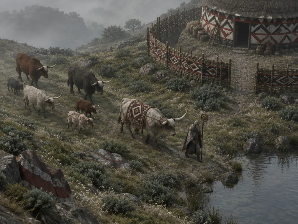 Old Brann menuntun Thunderhorn dan kawanan kecil berisi dua anak sapi melintasi padang berkabut menuju kolam.