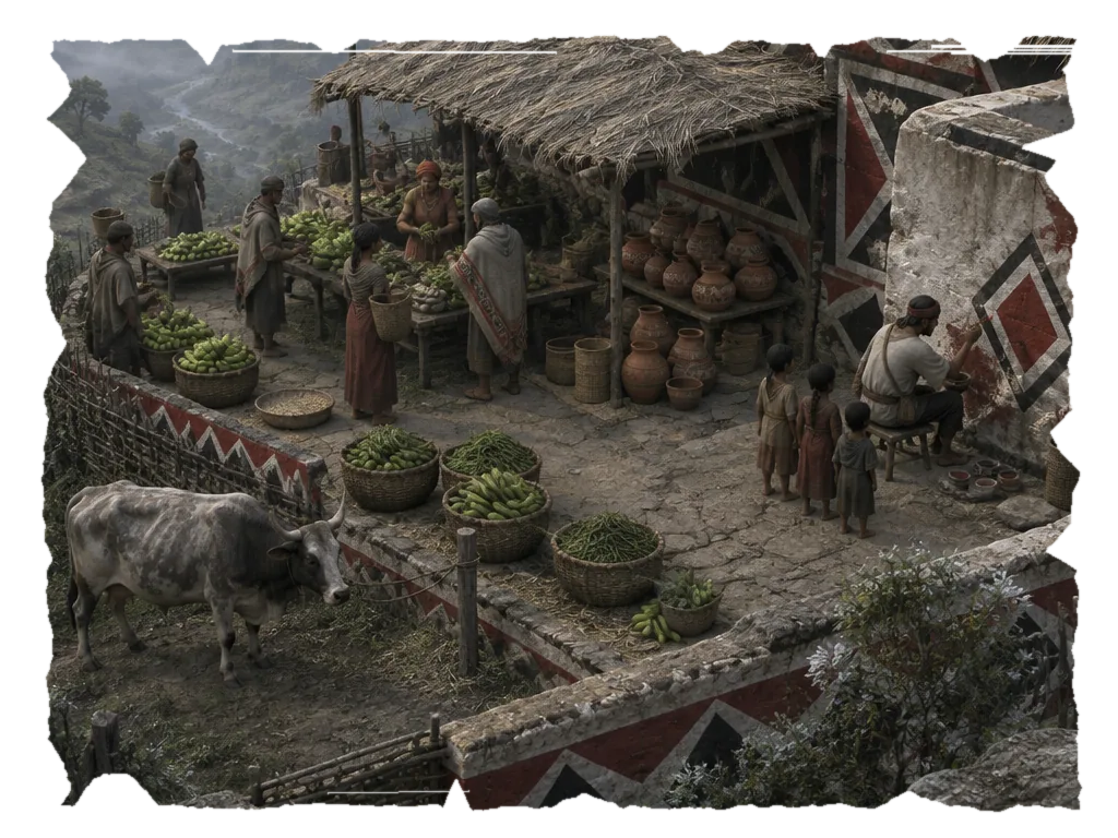 Pasar di teras bukit; seorang Pattern-scribe melukis ulang belah ketupat di dinding yang terkikis, ditonton anak-anak.
