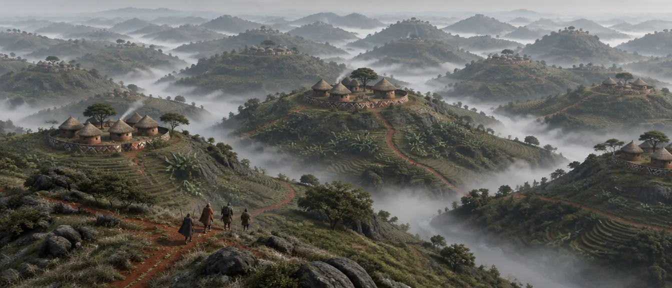 Bukit-bukit bulat berlapis sampai cakrawala, tiap puncak berisi rumah bundar berdinding pola, jalan tanah merah menghubungkannya, sungai kabut di setiap lembah.